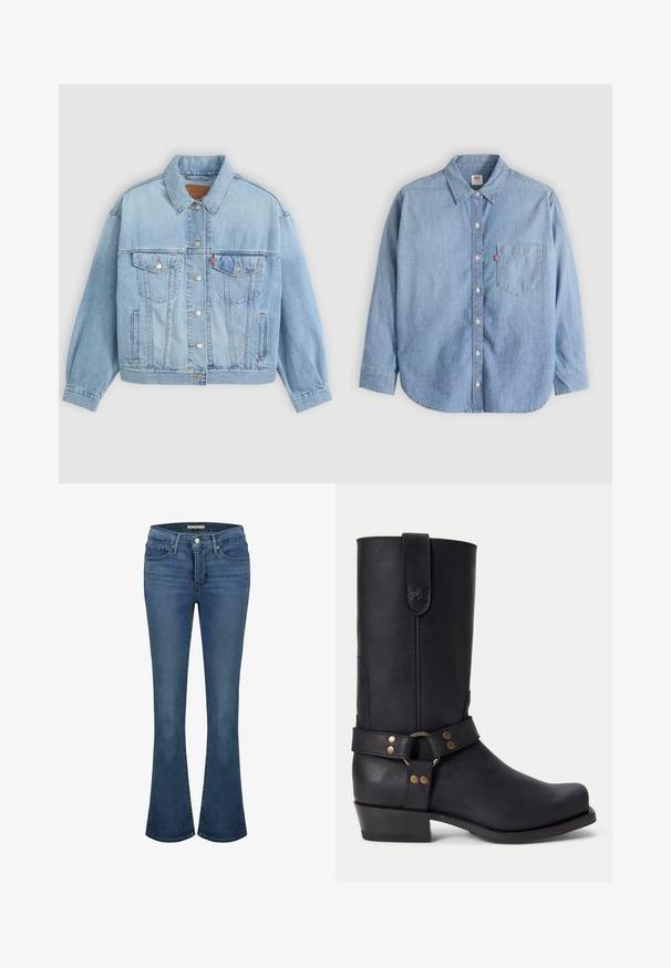 Hellblaue Jeansjacke mit klassischem Kragen, Knopfverschluss, zwei Brusttaschen, lässiger Passform und sichtbaren Nähten.; Hellblaues Jeanshemd mit Knopfleiste am Kragen, Brusttasche und langen Ärmeln. Verfügt über einen abgerundeten Saum und eine subtile Textur.; Blaue Jeans im Flared-Stil mit mittelhoher Taille, ausgestattet mit Ziernähten, zwei vorderen Taschen und einer hinteren Paspeltasche.; Schwarzer Lederstiefel bis zur Mitte der Wade mit niedrigem Absatz, rundem Vorderfuß und dekorativem Riemen mit Metallnieten und Ring um den Knöchel.