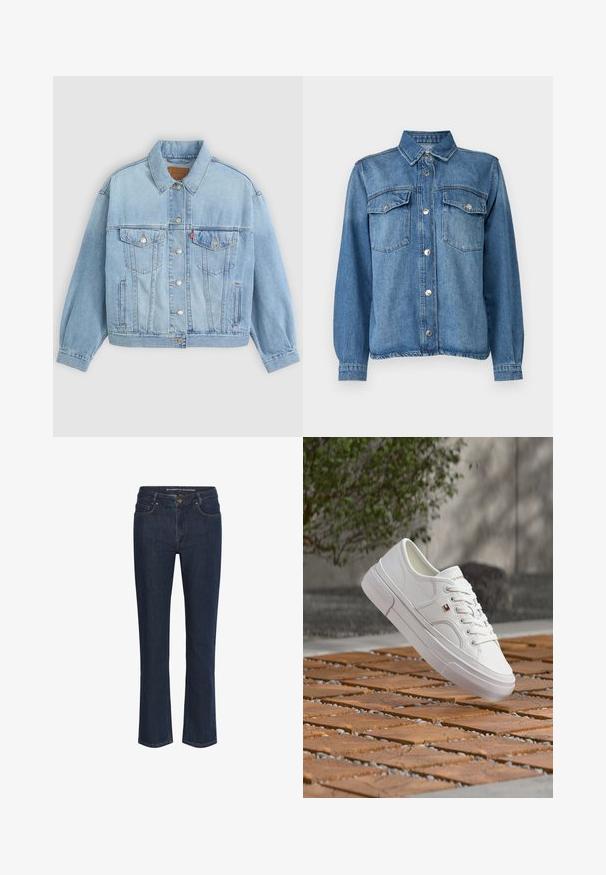 Lichtblauwe denim jacket met een klassieke kraag, knoopsluiting, twee borstzakken, een ontspannen pasvorm en zichtbare stiksels.; Lichtblauwe denimjas met knoopsluiting aan de voorkant, twee borstzakken, puntige kraag en lange mouwen met knoopmanchetten.; Donkerblauwe rechte spijkerbroek met voorzakken, riemlussen en knoopsluiting.; Witte leren sneaker met veters en een klein rood, wit en blauw logo, zwevend boven een patroon van hout en kiezelstenen buiten.