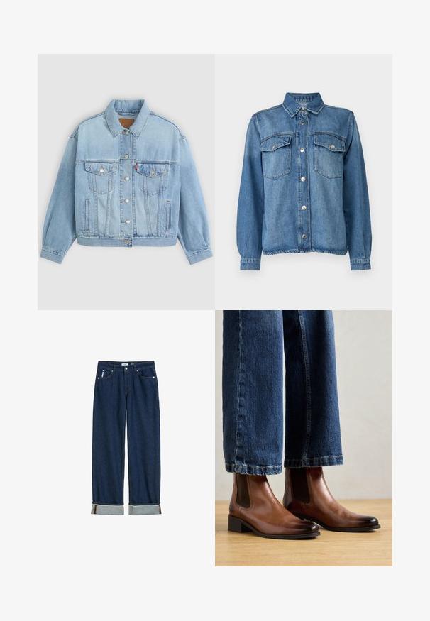 Hellblaue Jeansjacke mit klassischem Kragen, Knopfverschluss, zwei Brusttaschen, lässiger Passform und sichtbaren Nähten.; Jeansjacke in Hellblau mit Druckknopfverschluss, zwei Brusttaschen, spitzem Kragen und langen Ärmeln mit knöpfbaren Manschetten.; Dunkelblaue Jeans aus Denim mit geradem Bein, umgeschlagenen Säumen, sichtbarem Stich und klassischem Fünf-Taschen-Stil.; Braune Lederankelstiefel mit elastischen seitlichen Einsätzen, quadratischer Zehenform und niedrigem Blockabsatz, getragen mit blauen Jeans. Hartholzboden darunter.