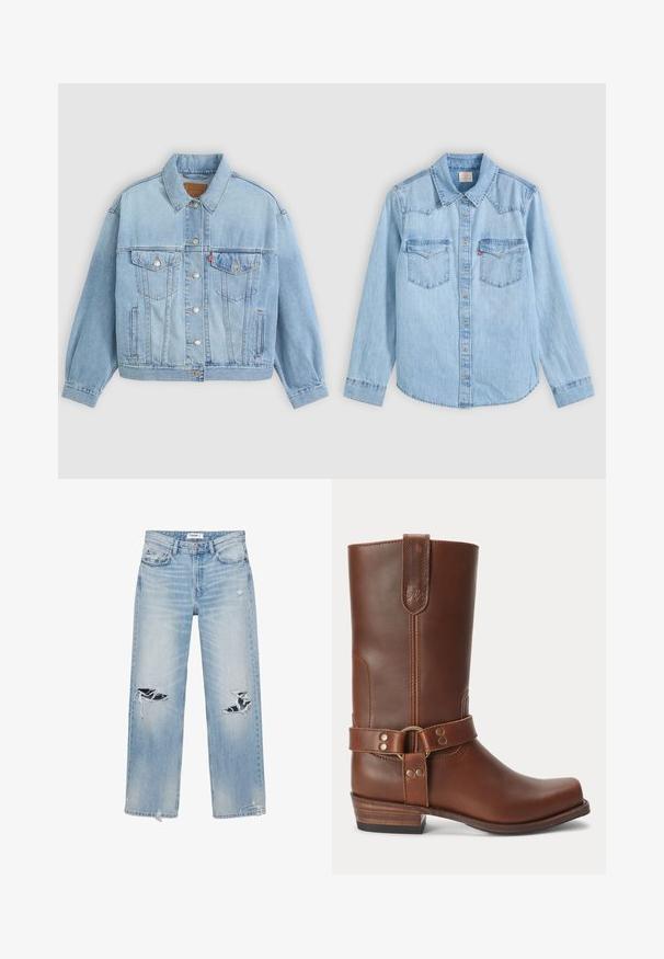Veste en denim bleu clair avec un col classique, fermeture boutonnée, deux poches poitrine, coupe décontractée et détails de couture visibles.; Chemise en denim bleu clair à manches longues avec fermeture par boutons, deux poches poitrine à rabats et un col classique pointu sur fond gris.; Jean droit bleu clair avec des trous effilochés aux deux genoux et des ourlets usés, doté de poches avant et d'une fermeture à boutons.; Botte mi-mollet en cuir marron avec un petit talon en bois, bout rond et sangle décorative avec des clous métalliques autour de la cheville.