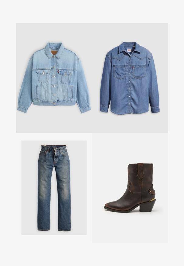 Lys blå denimjakke med klassisk krave, knaplukning, to brystlommer, afslappet pasform og synlige syningsdetaljer.; Lyseblå denimskjorte med spidst krave, to brystlommer og trykknapper. Har et western-inspireret stykke på skuldrene.; Blå denimjeans med lige ben, der har synlige sømme, en lynlås, og fem lommer. Udsatte områder tilføjer tekstur.; Brune læder cowboystøvle med spids tå og stablet hæl. Har et dekorativt diamantmønster og en rem med hardware-detajle.