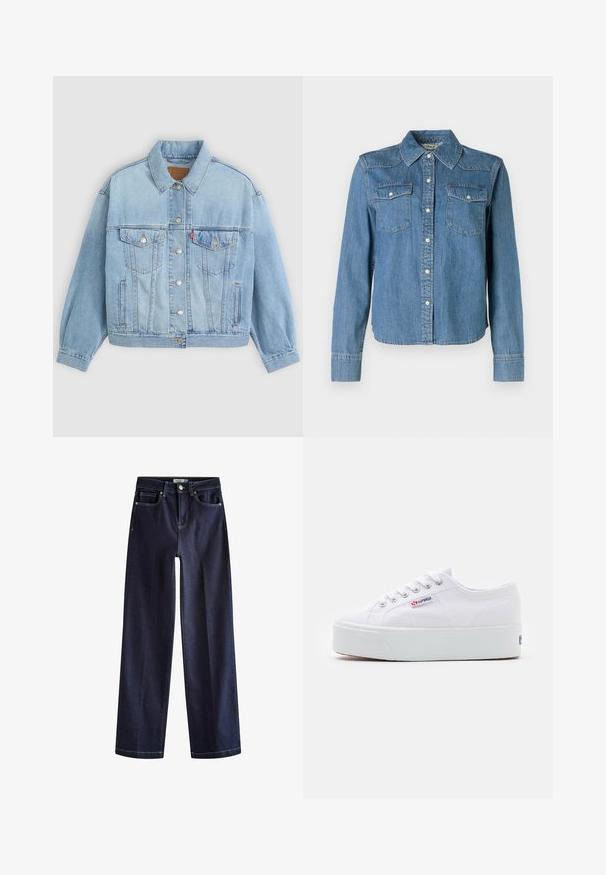 Lys blå denimjakke med klassisk krave, knaplukning, to brystlommer, afslappet pasform og synlige syningsdetaljer.; Denimskjorte med en lys blå nuance, klassisk krave og to brystlommer. Den har trykknapper og lange ærmer med knapmanchetter.; Next Jeans Straight Leg - rinse blue; Hvide canvas sneakers med en tyk hvid platformssål, rund tå og metaløjelets til snørebånd. Mærkets logo præsenteret på siden.
