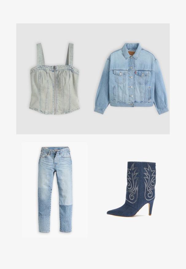 Lys blå denimjakke med klassisk krave, knaplukning, to brystlommer, afslappet pasform og synlige syningsdetaljer.; Lyseblå denim korsett-top med brede stropper, lynlåslukning foran, lodrette sømdetaljer og en lige kant.; Lyseblå denimjeans med et unikt paneldesign med varierende nuancer og teksturer. Klassisk fem-lomme stil med lynlås.; Denim ankelstøvle med spids tå, buet design, sølv dekorativ syning og 3-tommer stiletto hæl. Mørkeblå med struktureret finish.