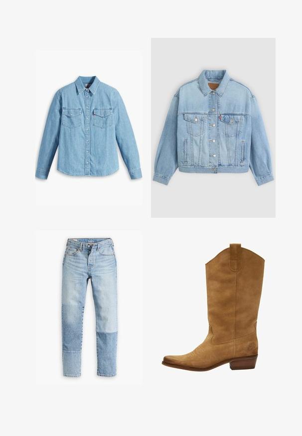 Lys blå denimjakke med klassisk krave, knaplukning, to brystlommer, afslappet pasform og synlige syningsdetaljer.; Lyseblå denimskjorte med lange ærmer, spidse krave, to brystlommer, knaplukning og subtil tekstur. Ingen synlige mønstre.; Lyseblå denimjeans med et unikt paneldesign med varierende nuancer og teksturer. Klassisk fem-lomme stil med lynlås.; Brune ruskinds cowboystøvle med høj skaft, spids tå og subtil hvid syning. Har et mønstret accent nær hælen og stablet træhæl.