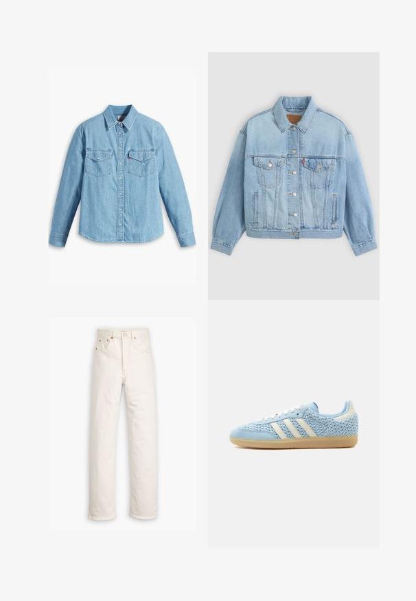 Lichtblauwe denim jacket met een klassieke kraag, knoopsluiting, twee borstzakken, een ontspannen pasvorm en zichtbare stiksels.; Lichtblauwe spijker blouse met lange mouwen, puntige kraag, twee borstzakken, knoopsluiting en subtiele textuur. Geen zichtbare patronen.; Witte denim jeans met een recht gesneden ontwerp, vijf zakken en koperen hardware accenten. Afgeronde zoom aan de enkels.; Lage sneaker met lichtblauwe geweven bovenkant, witte strepen, witte veters, lichtblauwe suède neuskap en een zool van gumrubber.