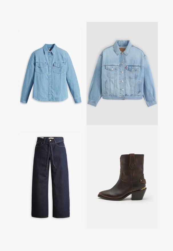 Hellblaue Jeansjacke mit klassischem Kragen, Knopfverschluss, zwei Brusttaschen, lässiger Passform und sichtbaren Nähten.; Helles blaues Denimhemd mit langen Ärmeln, spitzem Kragen, zwei Brusttaschen, Knopfleiste und subtiler Struktur. Keine sichtbaren Muster.; Weite, dunkelblaue Jeans aus Denim mit hoher Taille, ausgestattet mit einem Kordelzug, fünf Taschen und kontrastierenden Nähdetails.; Braune Leder-Cowboystiefel mit spitzer Zehe und gestapeltem Absatz. Verfügt über ein dekoratives Diamantmuster und einen Riemen mit Hardware-Akzenten.