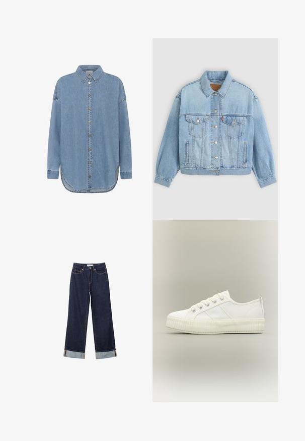 Veste en denim bleu clair avec un col classique, fermeture boutonnée, deux poches poitrine, coupe décontractée et détails de couture visibles.; Chemise en denim bleu clair à manches longues avec fermeture boutonnée devant, col pointu et ourlet arrondi.; Jeans larges bleu foncé avec ourlets retroussés, poches avant et couture visible, étalés à plat sur un fond blanc.; Baskets basses blanches avec semelle épaisse côtelée, lacets à l'avant et languette à l'arrière sur fond neutre.