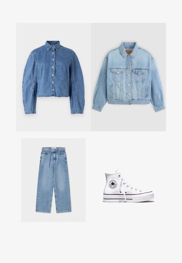 Lys blå denimjakke med klassisk krave, knaplukning, to brystlommer, afslappet pasform og synlige syningsdetaljer.; Lysblå cropped denimjakke med knaplukning, spidse kraver og pufærmer med sidesøm.; Lyseblå vidde denimbukser med høj talje, knap- og lynlåslukning, forlommer og et tyndt snørebåndsbindebælte.; Hvid Converse Chuck Taylor All Star højt snøresko med sorte striber og logoemblem på siden, vist mod en ensfarvet hvid baggrund.