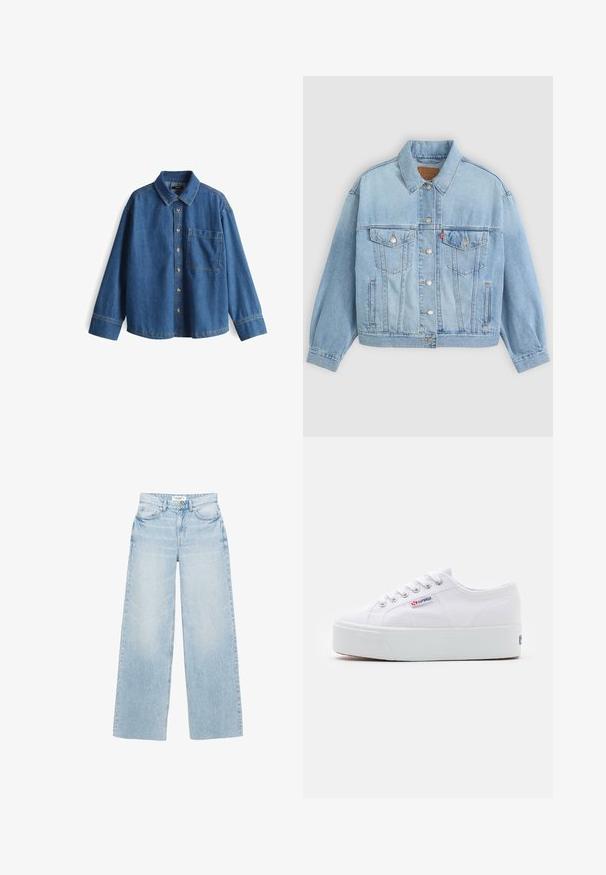 Hellblaue Jeansjacke mit klassischem Kragen, Knopfverschluss, zwei Brusttaschen, lässiger Passform und sichtbaren Nähten.; Jeanshemd, hellblau, langärmlig, Knopfleiste vorne, Kragen, eine Brusttasche, kontrastierende Nähte und ein lässiger Schnitt.; Jeans mit weitem Bein und heller Waschung aus Denim. Verfügt über eine hohe Taille, fünf Taschen und einen Reißverschluss mit Knopfverschluss. Leicht distressed Oberfläche.; Weiße Leinenschuhe mit einer dicken weißen Plattformsohle, runder Zehenpartie und Metallösen für die Schnürsenkel. Markenlogo an der Seite angebracht.