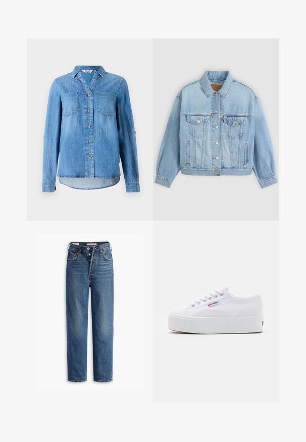 Lichtblauwe denim jacket met een klassieke kraag, knoopsluiting, twee borstzakken, een ontspannen pasvorm en zichtbare stiksels.; Lichtblauw denim overhemd met een knoopsluiting aan de voorkant, twee borstzakken en opgerolde mouwen met knoopdetail.; Levi's® RIBCAGE STRAIGHT ANKLE - Straight leg jeans - valley view; Witte canvas sneaker met een dikke witte platformzool, ronde neus en metalen oogjes voor veters. Merkl logo aan de zijkant weergegeven.