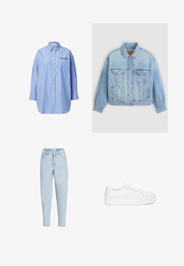 Lys blå denimjakke med klassisk krave, knaplukning, to brystlommer, afslappet pasform og synlige syningsdetaljer.; Stribet blå skjorte med knapper og lomme, hvor der står "STUDIO UNTOLD", klassisk krave og lange ærmer.; Lyseblå høj-talje jeans med frontknap og lynlås, fem-lommer stil og tilspidsede ben.; Hvide lædersneakers med en glat overflade, rund tå og flad sål. Har snørebåndslukning og diskrete syninger.