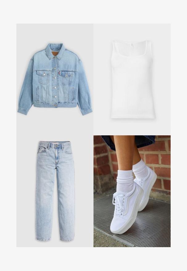 Lichtblauwe denim jacket met een klassieke kraag, knoopsluiting, twee borstzakken, een ontspannen pasvorm en zichtbare stiksels.; Witte geribbelde tanktop met een rechthoekige halslijn en brede schouderbanden. De stof heeft een gestructureerde, stretchachtige uitstraling.; Lichtblauwe spijkerbroek met hoge taille, losvallende pasvorm, rechte pijpen en een klassiek ontwerp met vijf zakken. Zichtbare vervaging en stikseldetails.; Witte canvas sneakers met rubberen zolen, voorzien van zes vetertjes, een ronde neus en lichte stikdetails, gecombineerd met witte enkelsokken.