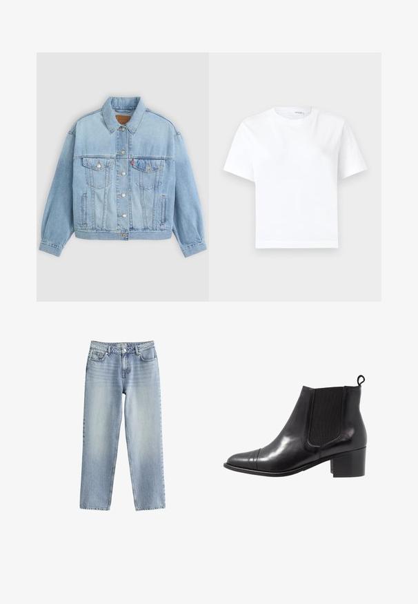 Veste en denim bleu clair avec un col classique, fermeture boutonnée, deux poches poitrine, coupe décontractée et détails de couture visibles.; T-shirt blanc uni en coton à manches courtes, col rond et ourlet droit, présenté sur fond blanc.; Jean en denim bleu clair avec une coupe droite, taille haute et décoloration subtile. Se ferme par un bouton et présente une coupe classique à cinq poches.; Botte de cheville en cuir noir avec des panneaux élastiques sur les côtés, bout rond et talon en bloc texturé. Dispose d'une languette en boucle à l'arrière pour un enfilage facile.