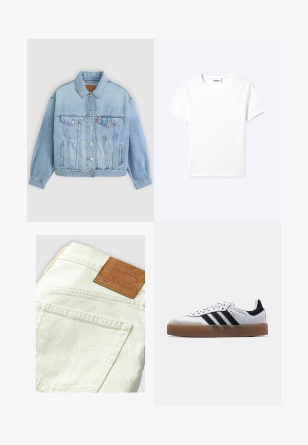 Lichtblauwe denim jacket met een klassieke kraag, knoopsluiting, twee borstzakken, een ontspannen pasvorm en zichtbare stiksels.; Effen wit T-shirt met korte mouwen en ronde hals met een klein "WEEKDAY" label aan de binnenkant van de hals, plat neergelegd op een lichte achtergrond.; Levi's 501-jeans in crèmekleur met een tan leren patch, voorzien van gebogen stiksels op de achterzak en een klassiek denimontwerp.; Witte leren sneakers met zwarte strepen, gumrubberen buitenzool, ronde neus, vetersluiting en een zachte grijze suède neuskap.