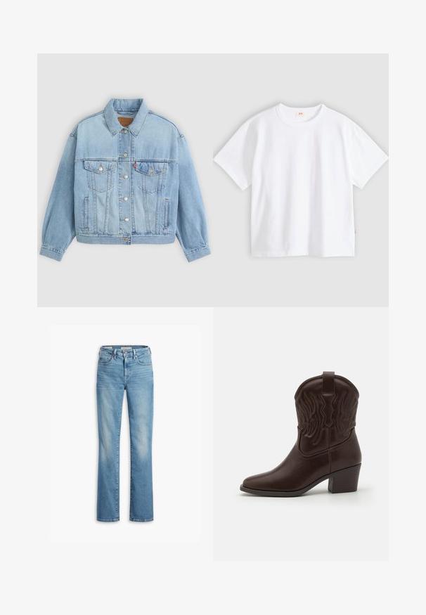 Lichtblauwe denim jacket met een klassieke kraag, knoopsluiting, twee borstzakken, een ontspannen pasvorm en zichtbare stiksels.; Wit katoenen t-shirt met korte mouwen, ronde hals, losse pasvorm, gladde textuur en een klein logolabel aan de linker zijnnaad.; Lichtblauwe denim jeans met een recht gesneden ontwerp, knoopsluiting, vijf zakken en vervaagde gebieden voor een versleten uitstraling. Schoon afgewerkte zoom.; Bruine leren cowboylaarzen met spitse neuzen, geperste vleugelpatronen, een blokhak van gemiddelde hoogte en een lus aan de achterkant.