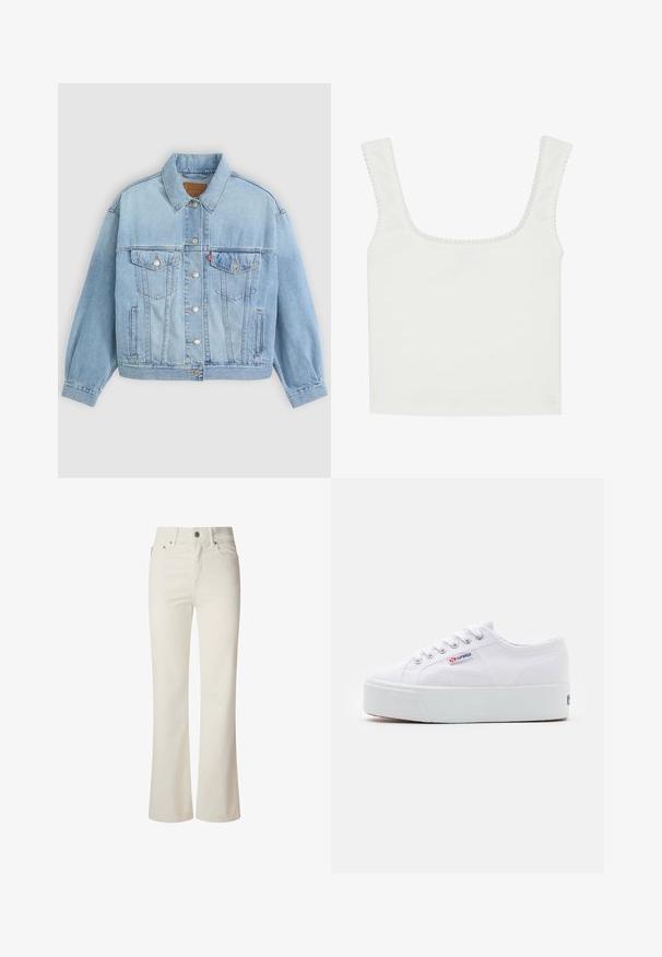 Lichtblauwe denim jacket met een klassieke kraag, knoopsluiting, twee borstzakken, een ontspannen pasvorm en zichtbare stiksels.; Witte geribde tanktop met een vierkante hals en brede bandjes. Voorzien van een golvende rand langs de halslijn en armsgaten.; Witte flared jeans van denim. Heeft een hoge taille, vijf zakken en een metalen knoopsluiting. Glad oppervlak zonder zichtbare patronen.; Witte canvas sneaker met een dikke witte platformzool, ronde neus en metalen oogjes voor veters. Merkl logo aan de zijkant weergegeven.