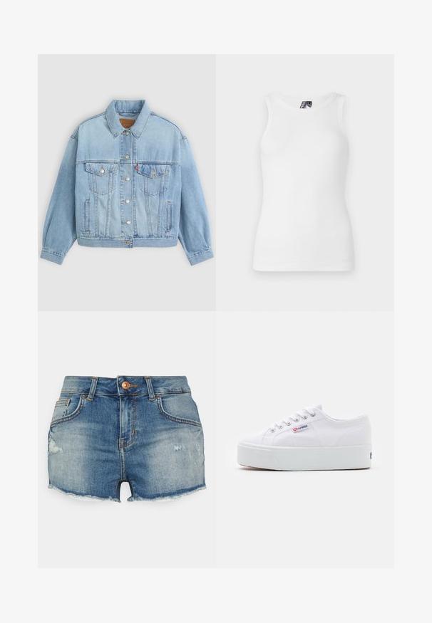 Veste en denim bleu clair avec un col classique, fermeture boutonnée, deux poches poitrine, coupe décontractée et détails de couture visibles.; Débardeur blanc à côtes avec un col rond et sans manches, fabriqué en un doux mélange de coton avec une silhouette ajustée.; LTB PAMELA - Short en jean - lelia; Baskets en toile blanches avec une épaisse semelle plateforme blanche, bout rond et œillets en métal pour les lacets. Logo de la marque affiché sur le côté.