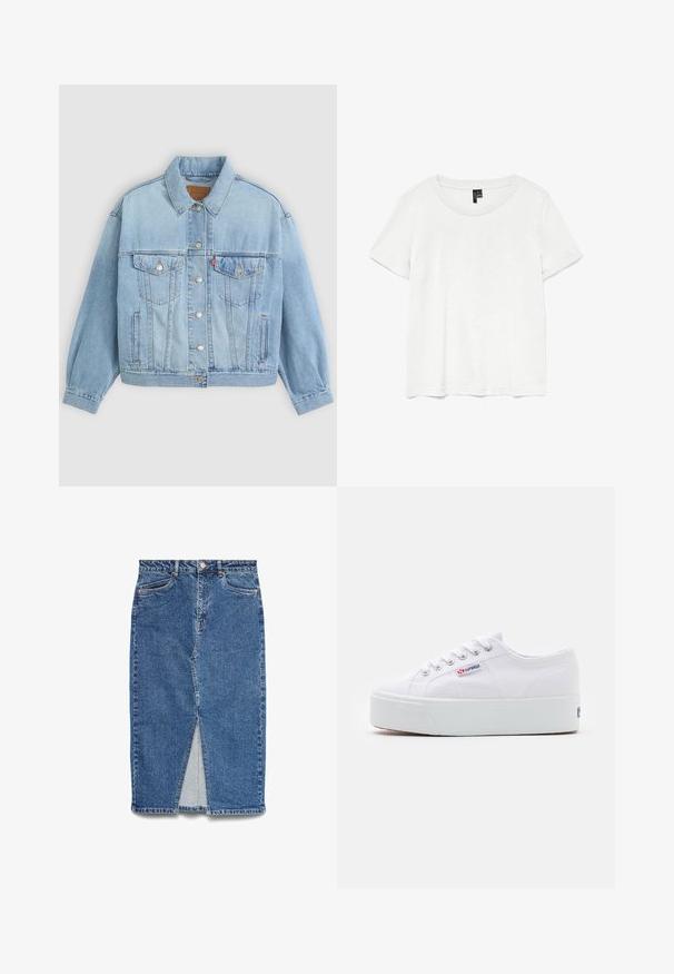 Lichtblauwe denim jacket met een klassieke kraag, knoopsluiting, twee borstzakken, een ontspannen pasvorm en zichtbare stiksels.; Witte t-shirt met korte mouwen en een ronde hals, gemaakt van lichte stof. Eenvoudig ontwerp, gladde textuur en rechte zoom.; Blauwe denim midi-rok met voorlengte, riemlussen, knopen aan de voorkant, ritssluiting en twee zakken aan de voorkant, plat gelegd op een witte achtergrond.; Witte canvas sneaker met een dikke witte platformzool, ronde neus en metalen oogjes voor veters. Merkl logo aan de zijkant weergegeven.