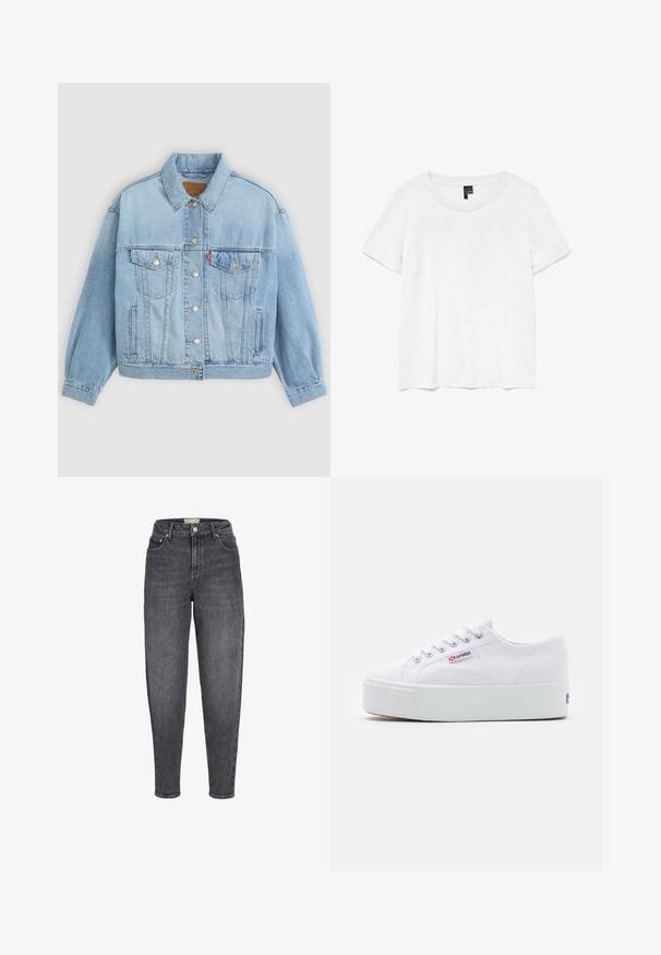 Lys blå denimjakke med klassisk krave, knaplukning, to brystlommer, afslappet pasform og synlige syningsdetaljer.; Hvid kortærmet t-shirt med rund halsudskæring, lavet af letvægtsstof. Enkel design, glat tekstur og lige kant.; Sortvaskede jeans med høj talje, tilspidset pasform, forlommer, bæltestropper og knaplukning foran.; Hvide canvas sneakers med en tyk hvid platformssål, rund tå og metaløjelets til snørebånd. Mærkets logo præsenteret på siden.