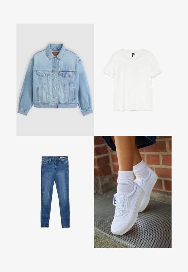 Hellblaue Jeansjacke mit klassischem Kragen, Knopfverschluss, zwei Brusttaschen, lässiger Passform und sichtbaren Nähten.; Weißes T-Shirt mit kurzen Ärmeln und rundem Ausschnitt, hergestellt aus leichtem Stoff. Schlichtes Design, glatte Textur und gerader Saum.; Dunkelblaue Jeans aus Denim mit klassischem Skinny-Fit. Mit fünf Taschen, Reißverschluss und dezentem Used-Look für Struktur.; Weiße Leinensneaker mit Gummisohlen, ausgestattet mit sechs Ösen, runder Zehenpartie und dezenten Nähten, kombiniert mit weißen Knöchelsocken.