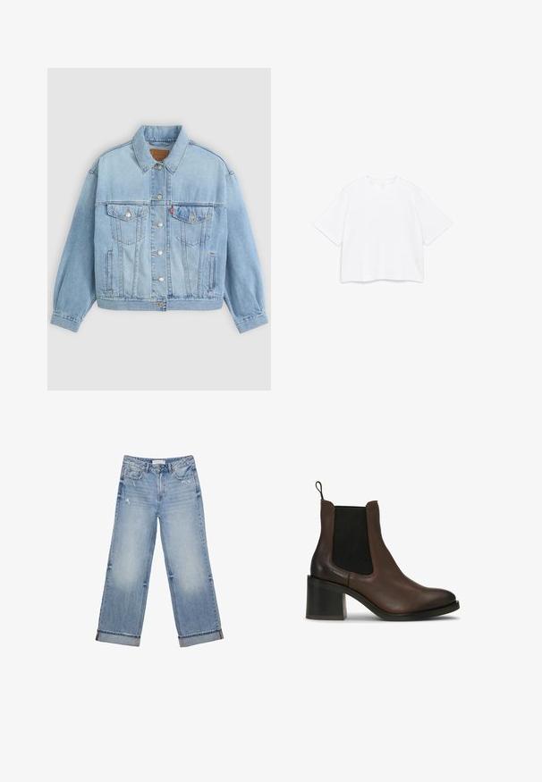 Veste en denim bleu clair avec un col classique, fermeture boutonnée, deux poches poitrine, coupe décontractée et détails de couture visibles.; T-shirt blanc à manches courtes avec encolure ronde et coupe carrée ample, présenté sur un fond blanc uni.; Jean en denim bleu clair avec un design à jambes larges, présentant un ourlet effiloché, un léger effet usé et un style classique à cinq poches.; Bottes cheville en cuir marron avec panneaux latéraux élastiques, talon bloc, texture lisse et languette à l'arrière pour un enfilage facile.