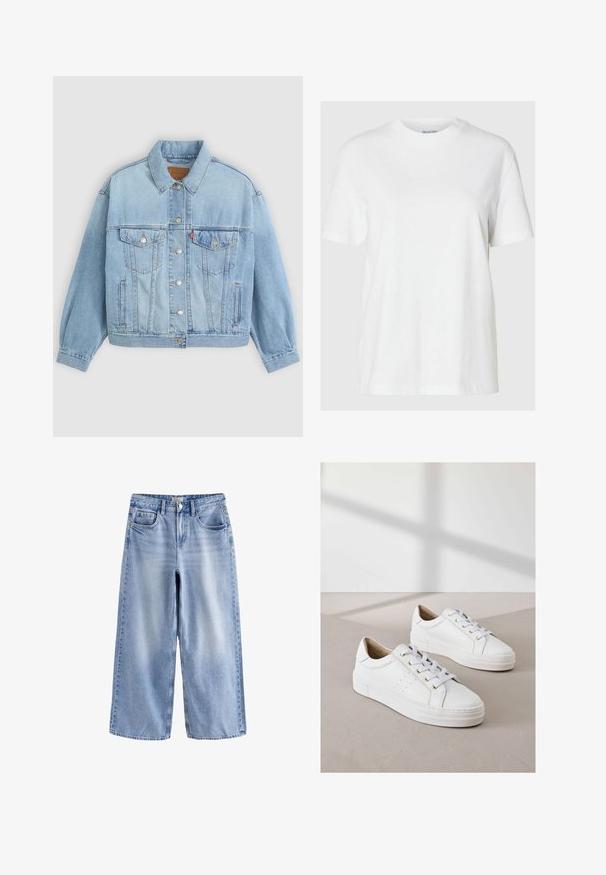 Lys blå denimjakke med klassisk krave, knaplukning, to brystlommer, afslappet pasform og synlige syningsdetaljer.; Hvid bomuld t-shirt med korte ærmer og rund halsudskæring. Har en afslappet pasform og et minimalistisk design uden mønstre eller accenter.; Lyseblå vidde jeans med frontknapper og lynlås, bæltestropper og fem-lomme design, lagt fladt på hvid baggrund.; Hvide sneakers lavet af struktureret læder, med runde tå, flade hvide såler og gyldne snørehuller. Minimalistisk design med perforerede detaljer.