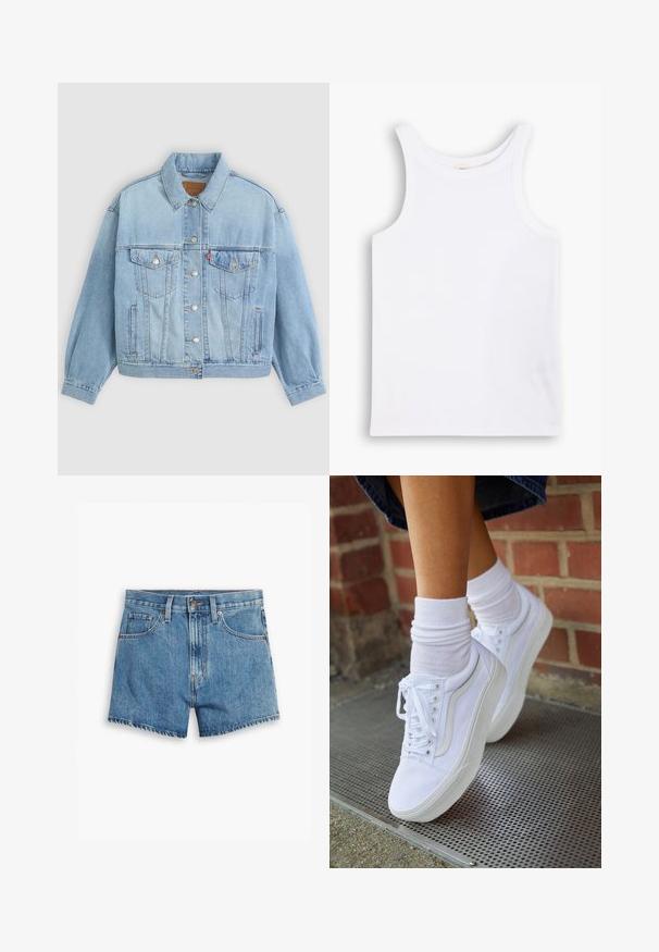Hellblaue Jeansjacke mit klassischem Kragen, Knopfverschluss, zwei Brusttaschen, lässiger Passform und sichtbaren Nähten.; Weißes Baumwoll-Tanktop mit breiten Schulterträgern, einem runden Halsausschnitt und einer glatten, gerippten Textur. Keine Muster oder Akzente vorhanden.; Hellblaue Denim-Shorts mit fünf Taschen, einem Reißverschluss und einem Knopfverschluss. Der Saum ist fransig und das Design bietet eine lässige Passform.; Weiße Leinensneaker mit Gummisohlen, ausgestattet mit sechs Ösen, runder Zehenpartie und dezenten Nähten, kombiniert mit weißen Knöchelsocken.