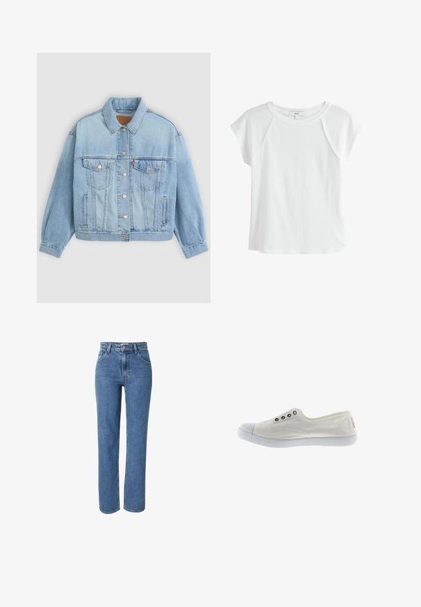 Lichtblauwe denim jacket met een klassieke kraag, knoopsluiting, twee borstzakken, een ontspannen pasvorm en zichtbare stiksels.; Wit T-shirt met korte mouwen en raglanmouwen, met een ronde hals en het label "NEXT" aan de binnenkant van de kraag.; EDITED ROWAN - Straight leg jeans - blue denim; Witte lage canvas sneakers met rubberen zool en neuskap, met vier metalen oogjes aan de zijkant, weergegeven in het rechterprofiel.