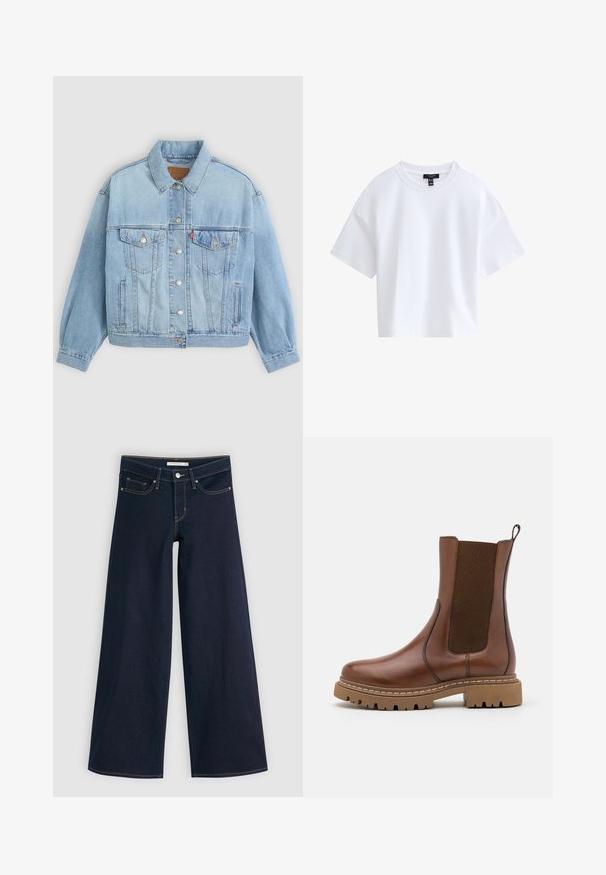 Hellblaue Jeansjacke mit klassischem Kragen, Knopfverschluss, zwei Brusttaschen, lässiger Passform und sichtbaren Nähten.; Schlichtes weißes kurzärmeliges Cropped-T-Shirt mit rundem Ausschnitt und schwarzem Markenlabel innen im Kragen.; Weite Jeans aus dunkelblauem Denim mit orangefarbenen Nähten, Knopfverschluss, zwei vorderen Taschen und einer glatten Textur. Verfügt über einen sauberen Saum.; Braune Leder-Ankle-Boots mit elastischen Einsätzen und einem Ziehschlaufe. Sie verfügen über eine robuste Gummisohle und sichtbare Nahtdetails entlang der Kanten.