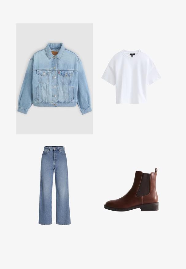 Hellblaue Jeansjacke mit klassischem Kragen, Knopfverschluss, zwei Brusttaschen, lässiger Passform und sichtbaren Nähten.; Schlichtes weißes kurzärmeliges Cropped-T-Shirt mit rundem Ausschnitt und schwarzem Markenlabel innen im Kragen.; Hellblaue Jeans mit hoher Taille, weitem Bein, vorderer Knopf- und Reißverschluss und Fünf-Taschen-Design.; Brauner Leder Chelsea-Stiefel mit elastischem Seitenteil, Zuglasche hinten und niedrigem gestapeltem Absatz.
