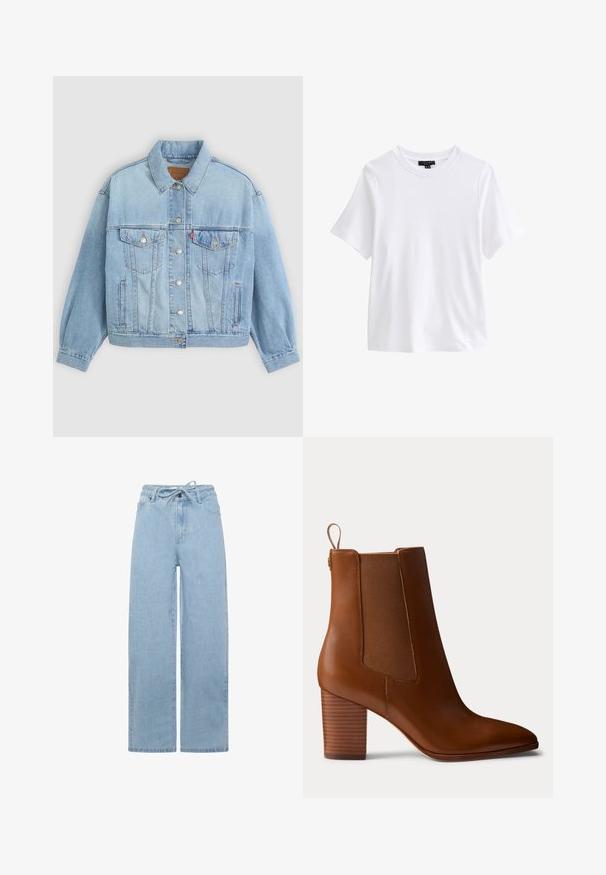 Chaqueta de mezclilla azul clara con un collar clásico, cierre de botones, dos bolsillos en el pecho, corte relajado y costuras visibles.; Camiseta blanca lisa de manga corta y cuello redondo con una etiqueta negra en el interior del cuello sobre un fondo blanco.; Jeans de mezclilla de pierna ancha en azul claro, con cintura ajustable mediante cordones y diseño estándar de cinco bolsillos. La tela tiene una textura suave.; Botín marrón de cuero con tacón bloque, paneles laterales elásticos y lengüeta de tirador en la parte trasera, mostrado de perfil sobre un fondo liso.