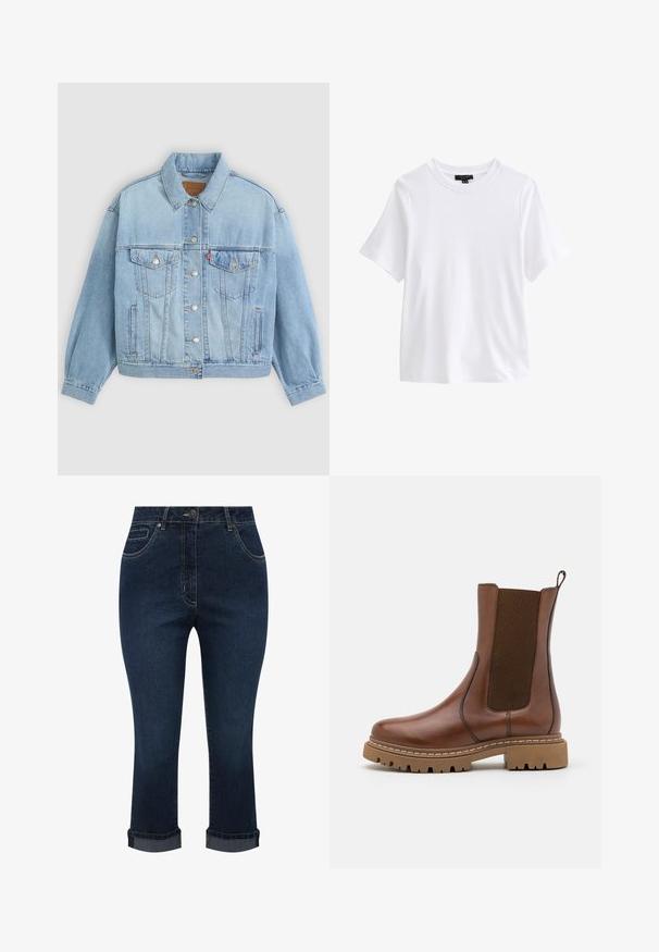 Hellblaue Jeansjacke mit klassischem Kragen, Knopfverschluss, zwei Brusttaschen, lässiger Passform und sichtbaren Nähten.; Schlichtes weißes T-Shirt mit kurzen Ärmeln und Rundhalsausschnitt mit einem schwarzen Kleidungsetikett innen im Kragen auf weißem Hintergrund.; Dunkelblaue, kurze Jeans aus Denim mit Fronttaschen, Knopfverschluss und umgekrempelten Säumen.; Braune Leder-Ankle-Boots mit elastischen Einsätzen und einem Ziehschlaufe. Sie verfügen über eine robuste Gummisohle und sichtbare Nahtdetails entlang der Kanten.