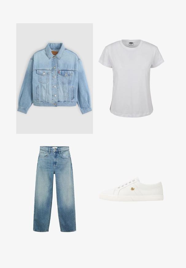 Lichtblauwe denim jacket met een klassieke kraag, knoopsluiting, twee borstzakken, een ontspannen pasvorm en zichtbare stiksels.; Witte katoenen t-shirt met een klassieke ronde hals, korte mouwen en een rechte zoom. Bevat een label met "URBAN CLASSICS" in het zwart.; Lichtblauwe denim wijde jeans met een hoge taille, vijf zakken en een knoopsluiting. Verbleekte patroon naar de onderkant.; Lauren Ralph Lauren JANSON II CANVAS SNEAKER - Sneakers laag - optic white