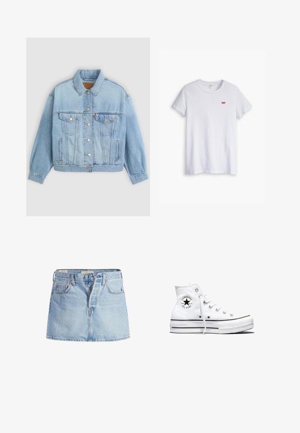 Veste en denim bleu clair avec un col classique, fermeture boutonnée, deux poches poitrine, coupe décontractée et détails de couture visibles.; T-shirt en coton blanc à manches courtes et col rond. Présente un petit logo rouge Levi's sur la partie gauche de la poitrine.; Jupe en denim bleu clair avec une taille ajustée, design à cinq poches, fermeture à boutons à l'avant et légères décolorations sur l'ensemble du tissu.; Baskets montantes blanches Converse Chuck Taylor All Star avec patch logo noir et lacets blancs, présentées sur fond blanc.