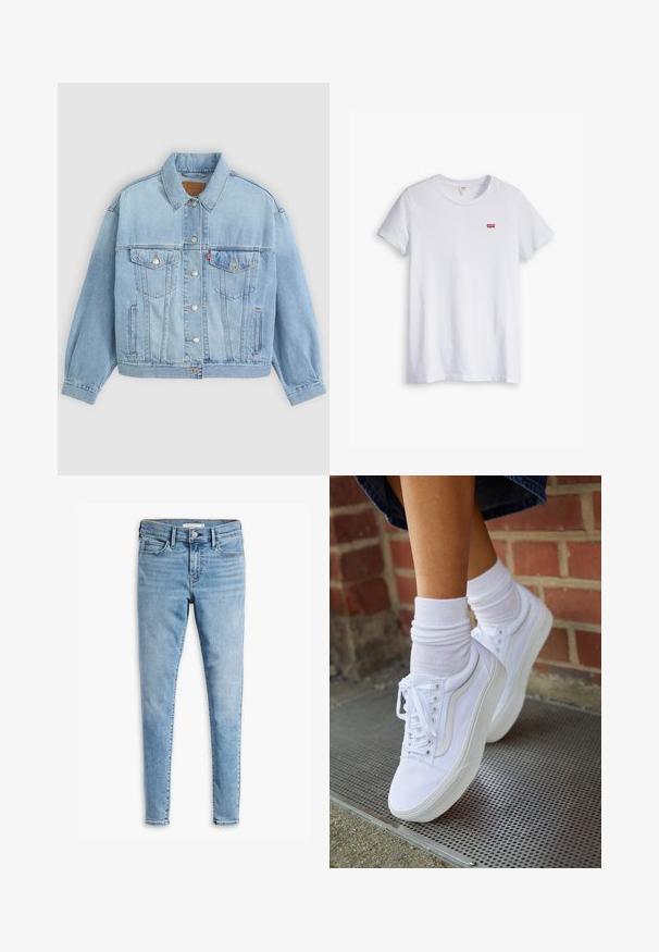 Lys blå denimjakke med klassisk krave, knaplukning, to brystlommer, afslappet pasform og synlige syningsdetaljer.; Hvid bomulds t-shirt med korte ærmer og rund halsudskæring. Har et lille rødt Levi's-logo på venstre brystområde.; Lyseblå super skinny jeans med frontknap og lynlås, bæltestropper og fem lommers design.; Hvide lærreds sneakers med gummisåler, der har seks snørehuller, rund tå og let sømdetaljer, krydret med hvide ankelstrømper.