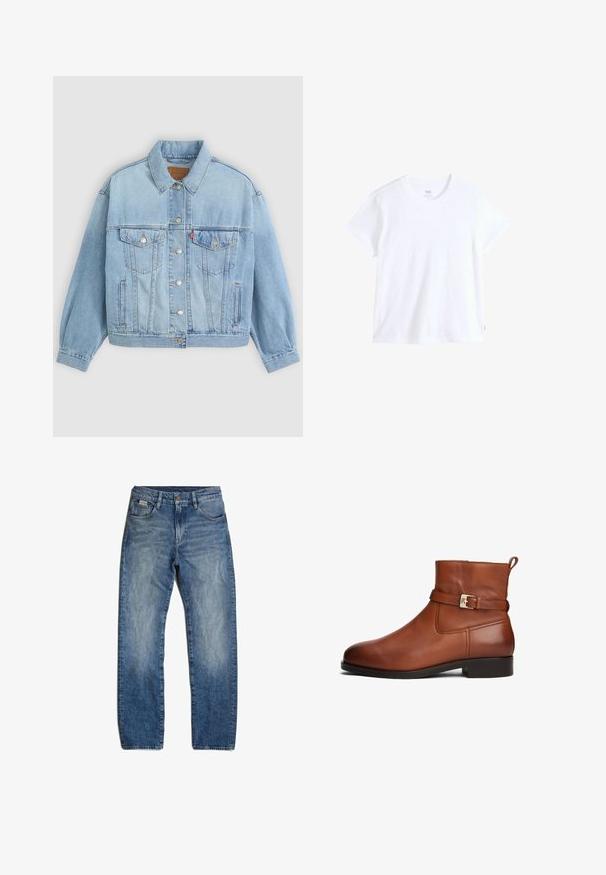 Chaqueta de mezclilla azul clara con un collar clásico, cierre de botones, dos bolsillos en el pecho, corte relajado y costuras visibles.; Camiseta blanca de algodón con mangas cortas, escote redondo y bajo recto. Presenta una pequeña etiqueta con logo rojo en el lado inferior izquierdo.; Vaqueros de mezclilla azul con corte recto, ligero desgaste y sutiles marcas de uso. Cuenta con cinco bolsillos y cierre de botón.; Bota de piel marrón hasta el tobillo con una correa lateral y hebilla dorada, tacón bajo negro y lengüeta trasera.