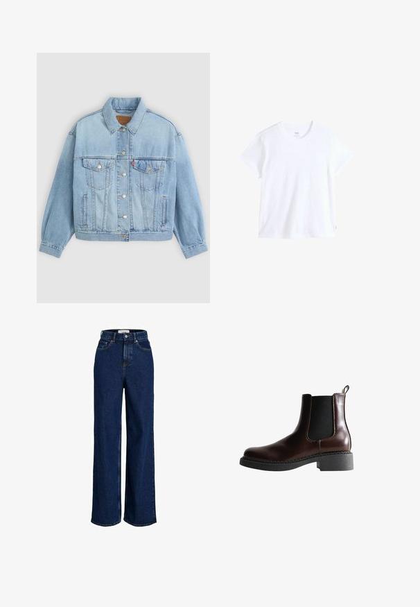Veste en denim bleu clair avec un col classique, fermeture boutonnée, deux poches poitrine, coupe décontractée et détails de couture visibles.; T-shirt en coton blanc à manches courtes, col rond et ourlet droit. Présente une petite étiquette logo rouge sur le bas côté gauche.; Jean large taille haute bleu foncé avec poches avant, passants pour ceinture, fermeture par bouton et détails de coutures visibles.; Bottine en cuir marron avec des panneaux élastiques sur les côtés, bout rond et semelle en caoutchouc noir texturé. Comprend des coutures contrastées et une languette.