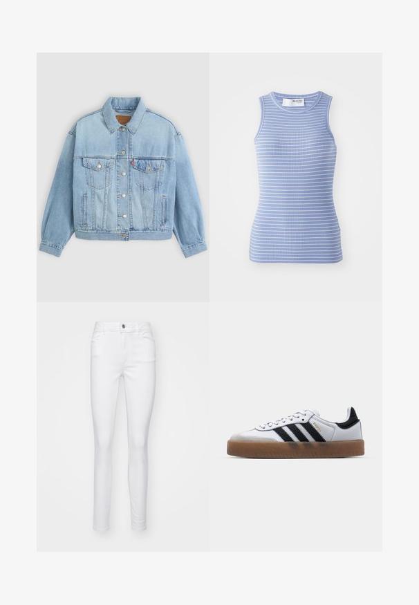 Hellblaue Jeansjacke mit klassischem Kragen, Knopfverschluss, zwei Brusttaschen, lässiger Passform und sichtbaren Nähten.; Hellblaues ärmelloses Oberteil aus Rippstoff, mit horizontalen weißen Streifen und rundem Ausschnitt. Glatte Textur und taillierter Schnitt.; Weiße, schmale Jeans aus Jeansstoff, mit einem Vorderknopfverschluss, fünf Taschen und einer glatten Textur des Stoffes.; Weiße Leder Sneakers mit schwarzen Streifen, Gummigummi-Außensohle, runder Zehenform, Schnürverschluss und weichem grauem Wildleder-Zehenkappe.