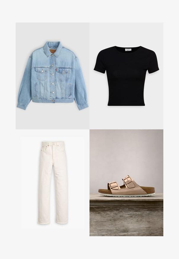 Lys blå denimjakke med klassisk krave, knaplukning, to brystlommer, afslappet pasform og synlige syningsdetaljer.; Sort kortærmet t-shirt lavet af glat bomuldsstof, med rund halsudskæring og en tætsiddende pasform. Minimalistisk uden synlige mønstre.; Hvide denim jeans med lige ben, fem-lommestil og kobberdetaljer. Rå kantfinish ved anklerne.; Rosenfarvede slidesandaler i metal med to justerbare metalspænder, korkfodbed og hvid gummisål. Glat metalfinish, åben tå-design.