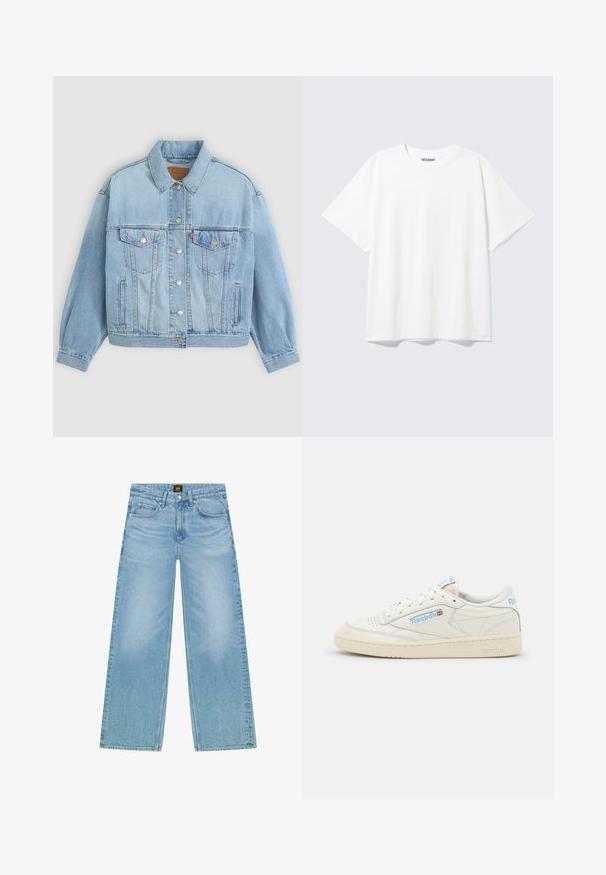 Lichtblauwe denim jacket met een klassieke kraag, knoopsluiting, twee borstzakken, een ontspannen pasvorm en zichtbare stiksels.; Witte T-shirt met korte mouwen en een ronde hals, met een relaxte pasvorm en een "WEEKDAY" label aan de binnenkant achter bij de hals.; Lichtblauwe, wijde spijkerbroek van denim. Beschikt over een klassieke vijf-pocket stijl en een subtiele vervaagde textuur. Knoop- en ritsluiting.; Reebok sneakers in off-white leer met lichtblauwe accenten. Beschikt over een geperforeerde neus, platte veters en een getextureerde rubberen zool.