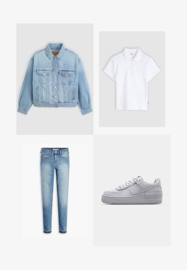 Lys blå denimjakke med klassisk krave, knaplukning, to brystlommer, afslappet pasform og synlige syningsdetaljer.; Hvid kortærmet ribbet poloshirt med krave og fire knapper, lagt fladt ud på en lysegrå baggrund.; Lyseblå denim jeans med slim fit, fem-lommes design, kontrastsyet og let slidte kanter ved anklerne.; Grå Nike Air Force 1 sneakers med perforeret tå, glat læderoverdel, tyk sål og præget 'AIR' detalje på hælen.