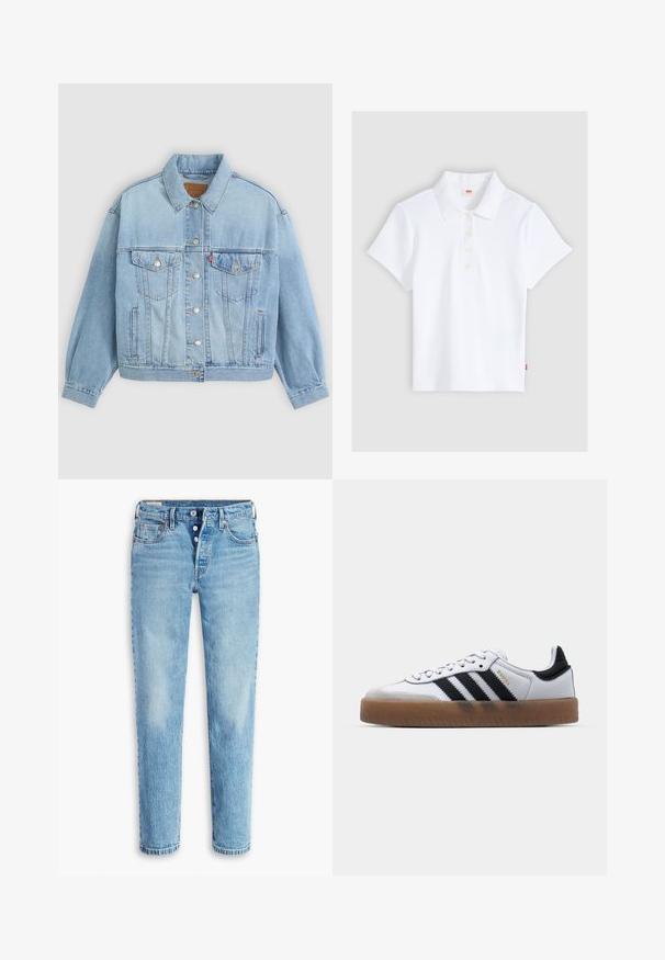 Lichtblauwe denim jacket met een klassieke kraag, knoopsluiting, twee borstzakken, een ontspannen pasvorm en zichtbare stiksels.; Wit kortärmelig geribd poloshirt met kraag en vier knopen, plat gelegd op een lichtgrijze achtergrond.; Lichtblauwe denim jeans met een rechte pijpdesign, vijf zakken en een knopenrij. Heeft vervaagde gebieden en wassing voor textuur.; Witte leren sneakers met zwarte strepen, gumrubberen buitenzool, ronde neus, vetersluiting en een zachte grijze suède neuskap.