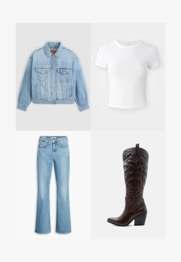 Lichtblauwe denim jacket met een klassieke kraag, knoopsluiting, twee borstzakken, een ontspannen pasvorm en zichtbare stiksels.; Effen witte cropped t-shirt met korte mouwen en ronde hals, weergegeven op een neutrale lichte achtergrond.; Lichtblauwe denim flared jeans met een hoge taille, vijf zakken, subtiele kreukjes en een klassieke gestikte zoom. Soepele textuur, casual ontwerp.; Lange donkerbruine leren cowboylaars met gestikte decoratieve patronen, spitse neus en gestapelde blokhak.