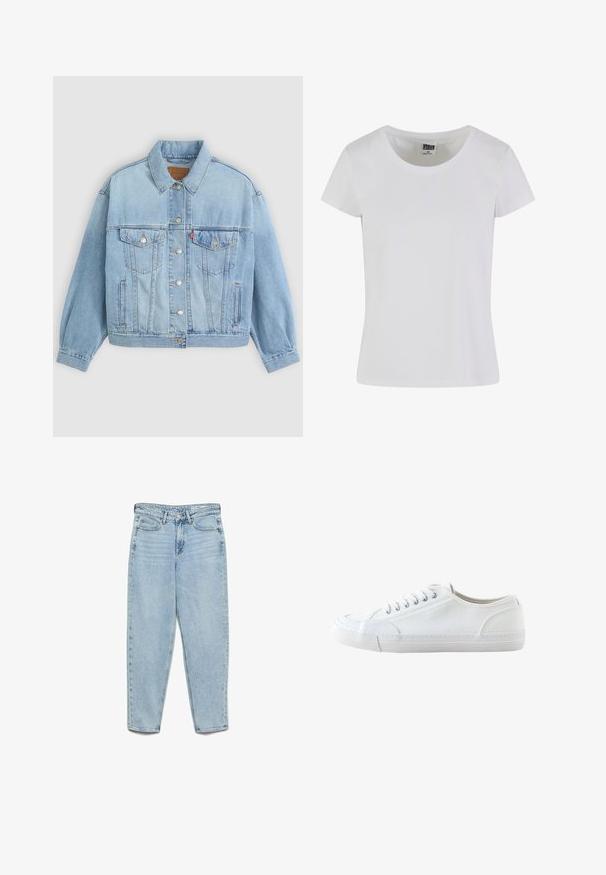 Chaqueta de mezclilla azul clara con un collar clásico, cierre de botones, dos bolsillos en el pecho, corte relajado y costuras visibles.; Camiseta blanca de manga corta hecha de algodón. Presenta un escote redondeado y una forma ajustada. La etiqueta dice "URBAN CLASSICS."; Vaqueros de mezclilla azul claro de cintura alta con bolsillos delanteros, trabillas para cinturón, cierre de botón y piernas cónicas sobre un fondo blanco.; Zapatilla blanca de lona de corte bajo con cordones blancos y suela de goma, mostrada de lado sobre un fondo blanco.