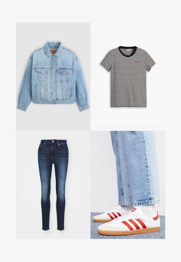 Lichtblauwe denim jacket met een klassieke kraag, knoopsluiting, twee borstzakken, een ontspannen pasvorm en zichtbare stiksels.; Zwart-wit gestreepte T-shirt van katoen. Heeft een ronde halslijn en een klein rood Levi's-logo op de borst. Korte mouwen.; Donkerblauwe skinny jeans met een middelhoge taille, voorzien van een vervaagd patroon, vijf zakken en een metalen knoop en ritssluiting.; Witte leren sneakers met rode strepen en accenten. Voorzien van een getextureerde gumrubberen outsole en een gevoerde kraag. Draag ze met lichtblauwe denim.