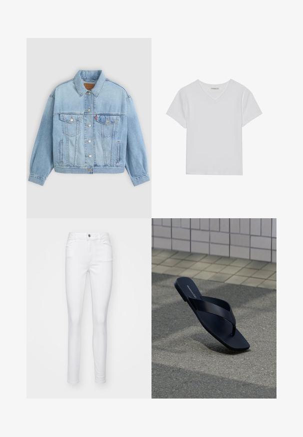 Hellblaue Jeansjacke mit klassischem Kragen, Knopfverschluss, zwei Brusttaschen, lässiger Passform und sichtbaren Nähten.; Weißes kurzärmliges V-Ausschnitt-T-Shirt aus Rippstoff. Es zeichnet sich durch ein sauberes Design mit geradem Saum und minimalen Details aus.; Weiße, schmale Jeans aus Jeansstoff, mit einem Vorderknopfverschluss, fünf Taschen und einer glatten Textur des Stoffes.; Schwarze Tanga-Sandale mit quadratischer Spitze und Markenschriftzug auf dem Fußbett, aufrecht auf strukturiertem Pflaster nahe einer gefliesten Wand platziert.