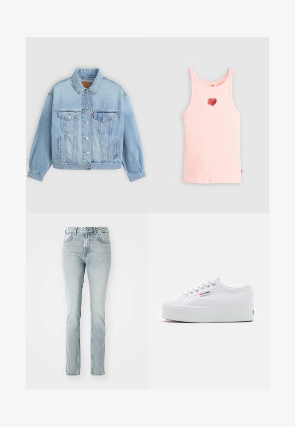 Veste en denim bleu clair avec un col classique, fermeture boutonnée, deux poches poitrine, coupe décontractée et détails de couture visibles.; Débardeur rose clair sans manches avec un petit motif cœur rouge au centre de la poitrine sur un fond uni.; Jeans en denim bleu clair avec une coupe droite, taille haute, poches avant et finition délavée. Dotés de passants de ceinture et d'une fermeture à bouton.; Baskets en toile blanches avec une épaisse semelle plateforme blanche, bout rond et œillets en métal pour les lacets. Logo de la marque affiché sur le côté.