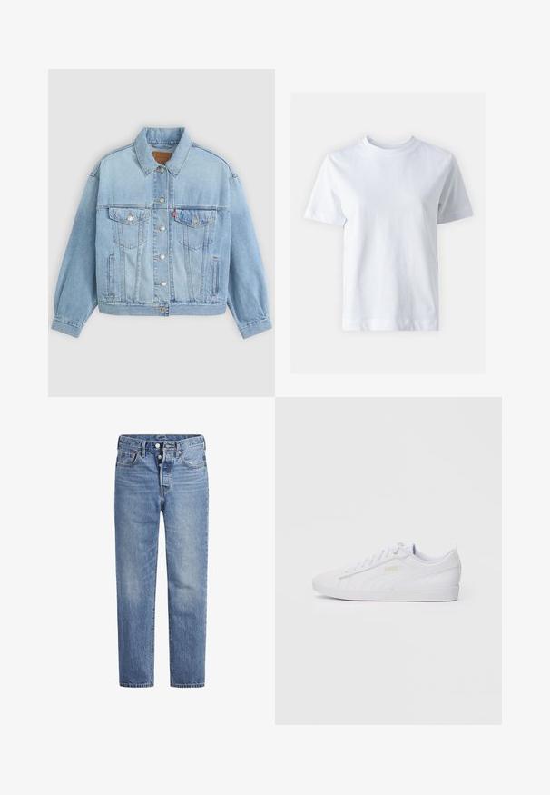 Veste en denim bleu clair avec un col classique, fermeture boutonnée, deux poches poitrine, coupe décontractée et détails de couture visibles.; T-shirt en coton blanc avec un col rond, manches courtes, coupe droite et texture lisse. Sans motifs ni embellissements.; Jeans en denim bleu clair avec une coupe droite, un design à cinq poches et un bouton pression. Présentent une légère décoloration et des coutures orange en accent.; Baskets Puma basses blanches avec un laçage à l'avant, un branding subtil sur le côté et la semelle, et une tige en synthétique lisse pour une tenue décontractée.