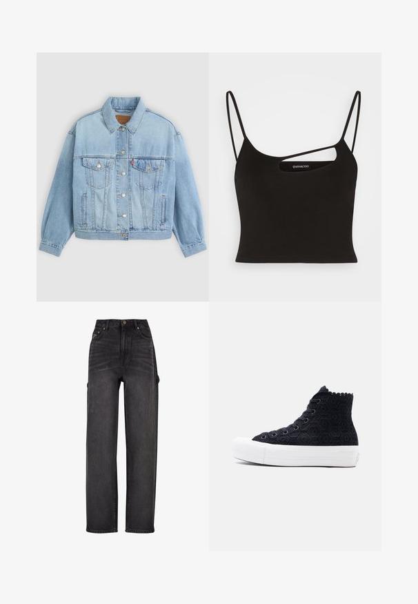 Hellblaue Jeansjacke mit klassischem Kragen, Knopfverschluss, zwei Brusttaschen, lässiger Passform und sichtbaren Nähten.; Even&Odd Top - black; Hochtaillierte Cargo-Jeans aus schwarzem Denim mit weit geschnittenem Design, seitlichen Taschen und subtilen Verwaschungen. Robustes Material und kontrastierender Stepp.; Schwarzer High-Top-Sneaker mit floralem Spitzenmuster und schwarzen Schnürsenkeln, ausgestattet mit einer dicken weißen Gummisohle und einer strukturierten Zehenkappe.