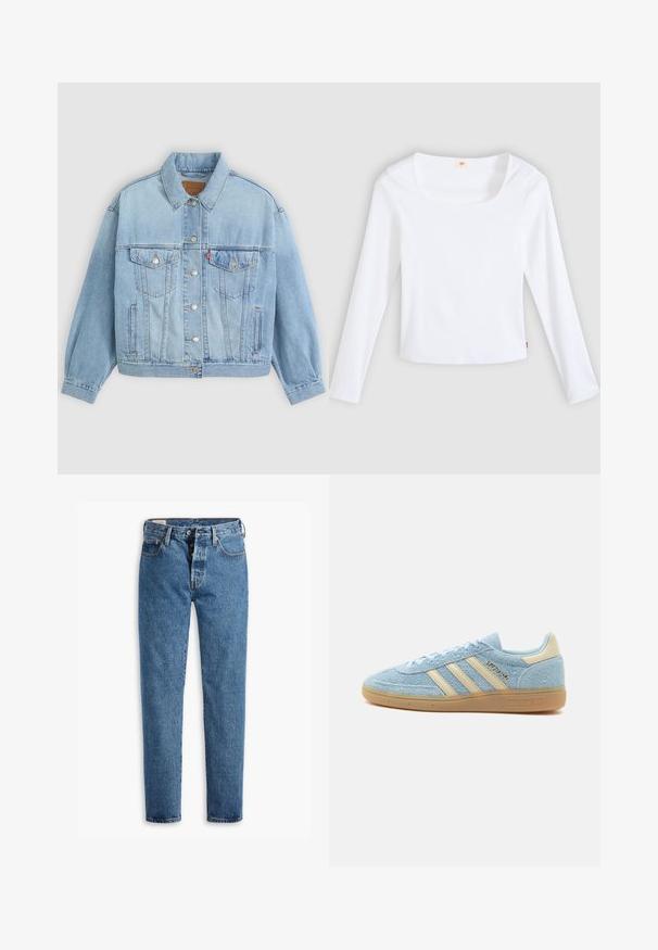 Lichtblauwe denim jacket met een klassieke kraag, knoopsluiting, twee borstzakken, een ontspannen pasvorm en zichtbare stiksels.; Witte longsleeve t-shirt van geribbelde stof, met een vierkante halslijn en een aansluitend model, voorzien van een klein logotag aan de zijkant.; Lichtblauwe spijkerbroek met een rechte snit, vijf zakken en een standaard knoopsluiting. Heeft oranje stiksels en een licht vervaagde textuur.; Lichtblauwe suède Adidas sneaker met beige strepen en hieltab, rubbere zool en "SPEZIAL"-branding aan de zijkant.